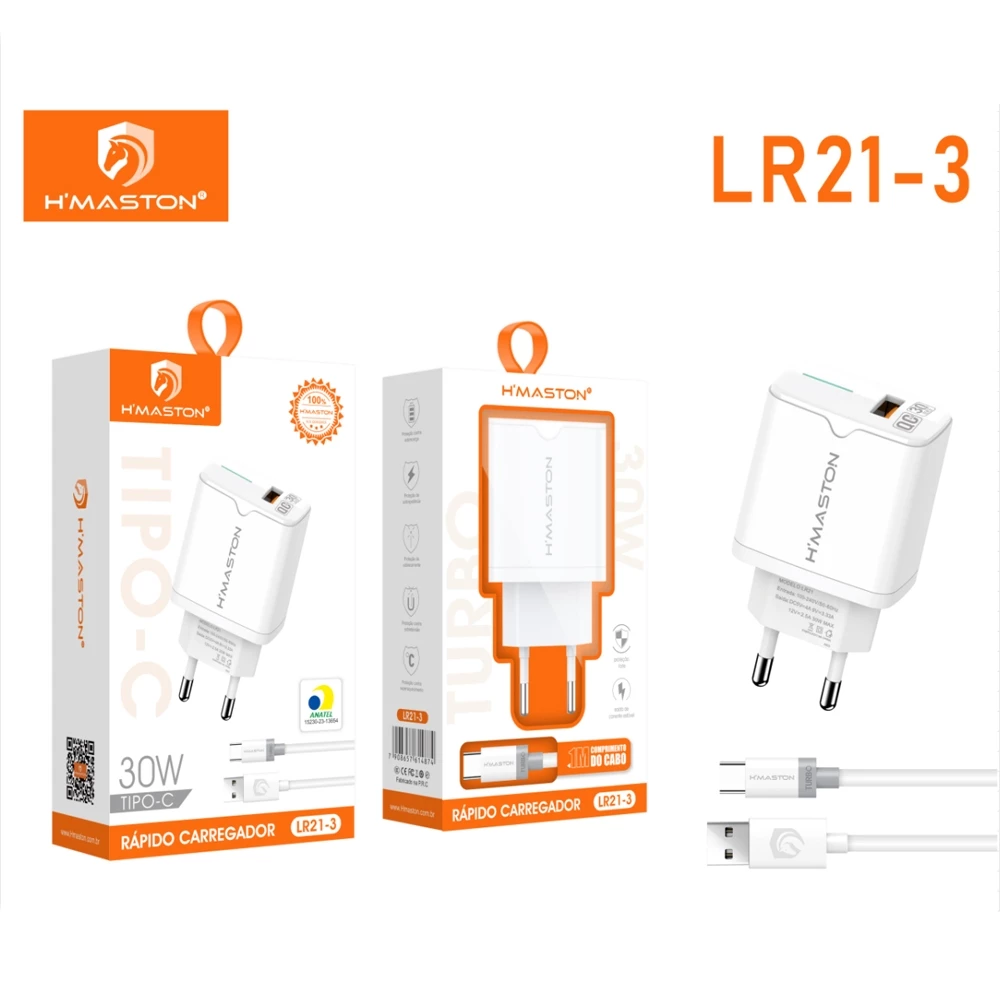 Carregador Turbo H'Maston 1USB 30W Com Cabo Tipo-C